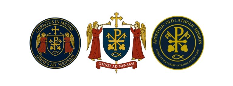Apostolic Old Catholic Mission coat of arms, seal, and logo showing Chi-Rho, keys, ichthys, angels, and motto Christ at the Centre. Everyone at the Table.