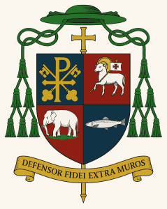 Episcopal Consecration 2 Coat of arms for the episcopal consecration of Bishop-Elect Ashley R. Deutschmann (Mar Theophilos), showing Chi-Rho, keys, Agnus Dei, elephant, and fish.