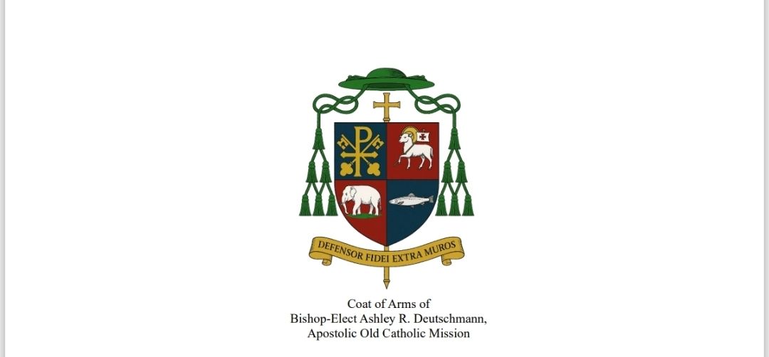 Coat of arms for the episcopal consecration of Bishop-Elect Ashley R. Deutschmann (Mar Theophilos), showing Chi-Rho, keys, Agnus Dei, elephant, and fish.