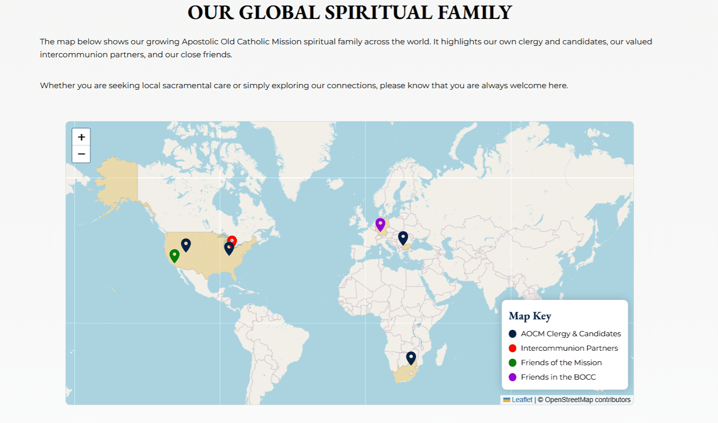 Map of the Apostolic Old Catholic Mission’s global spiritual family, showing clergy, candidates, intercommunion partners, and close friends worldwide.
