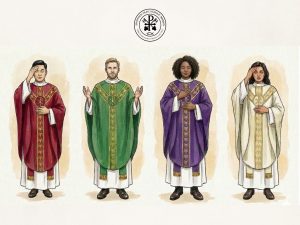 Illustration of clergy in red, green, purple, and white vestments representing the Apostolic Old Catholic Mission’s apostolic, inclusive, and ancient identity.