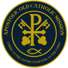 Logo of the Apostolic Old Catholic Mission (an independent Old Catholic Church), with Chi-Rho, keys, trefoils, and ichthys symbol, encircled by the motto “Christ at the Centre. Everyone at the Table.”