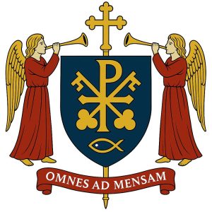Coat of arms of the Apostolic Old Catholic Mission with Chi-Rho, crossed keys, ichthys, and trumpeting angels.
